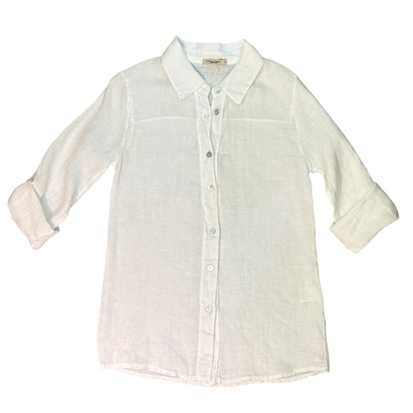 Lungo L'Arno Made in Italy 100% linen white button down tab sleeve shirt - Picture 2 of 11